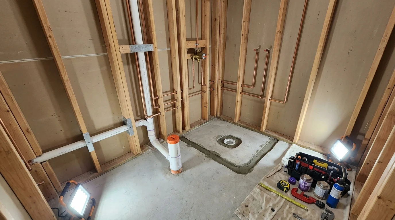 Bathroom rough-in plumbing during remodel by Johns Plumbing LLC in Jacksonville Beach