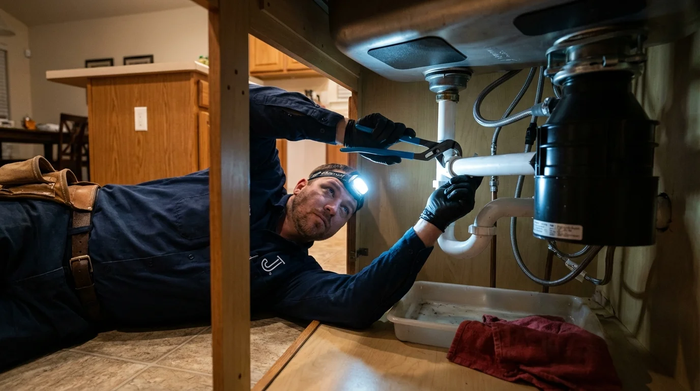 P-trap and supply line connections under a kitchen sink showing a common leak point in Jacksonville Beach, FL